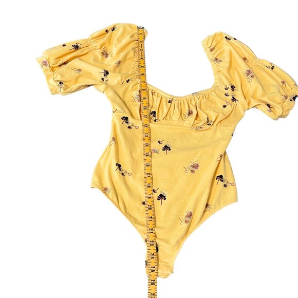 Free People Bodysuit Top Womens S Butter Yellow Milkmaid Babydoll Puff Sleeve - Picture 11 of 11